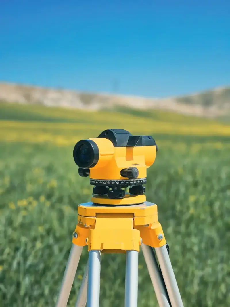A survey level on a tripod in a field